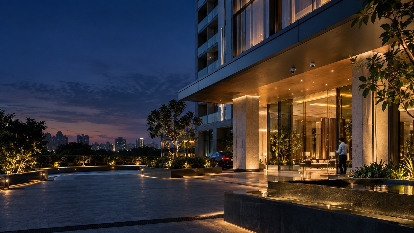 A premium connected building at dusk, representing AVP's integrated project delivery